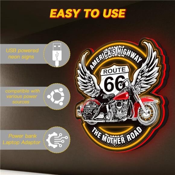 Route 66 LED Neon Sign Light Harley Motorcycle Retro 3D Garage Shop Man Cave NEW - Picture 7 of 8